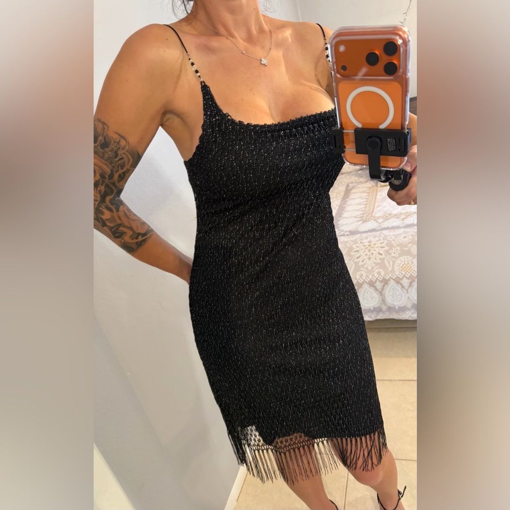 Vintage Double Fault USA Black Metallic Bodycon Dress Y2K (Size M)